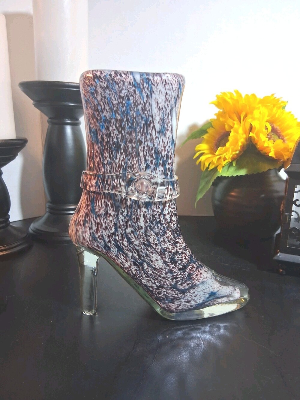 VTG! Vintage Art Glass High Heel Boot Vase 9” Spatter Confetti Postmodern Kitsch